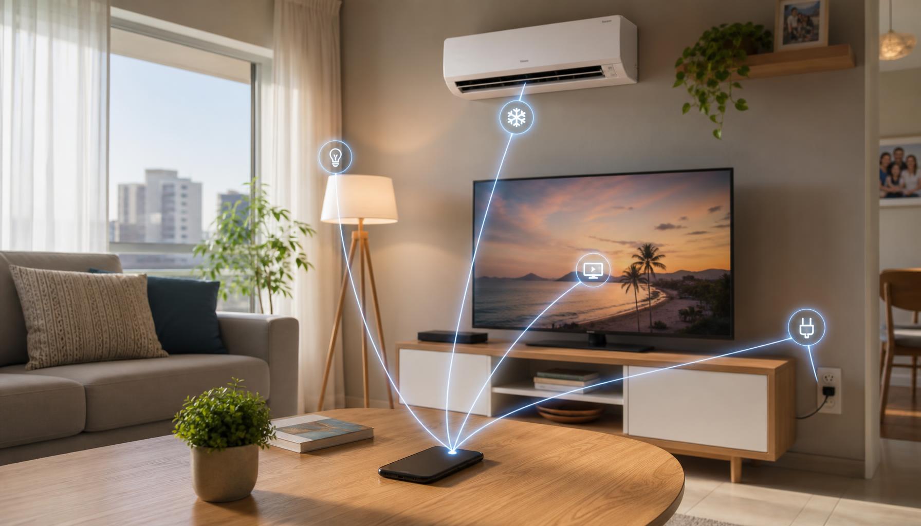 Sala de apartamento familiar com smartphone conectado a luzes, ar-condicionado, TV e tomadas, transmitindo praticidade e segurança no dia a dia