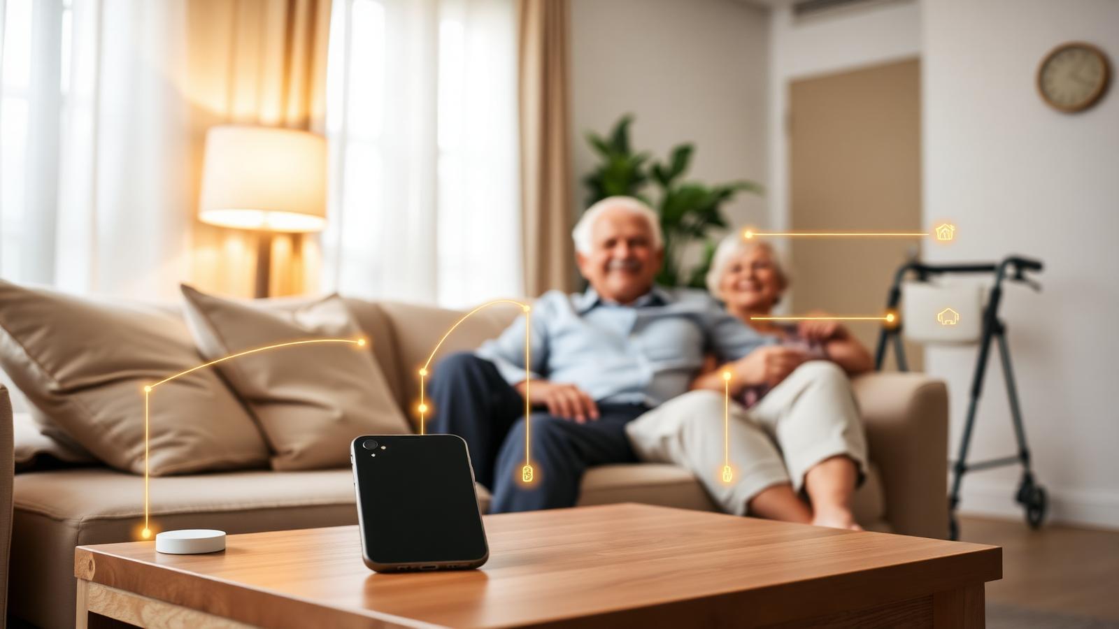 Sala acolhedora com smartphone conectado a sensores de segurança para idosos, transmitindo tranquilidade e proteção para a família